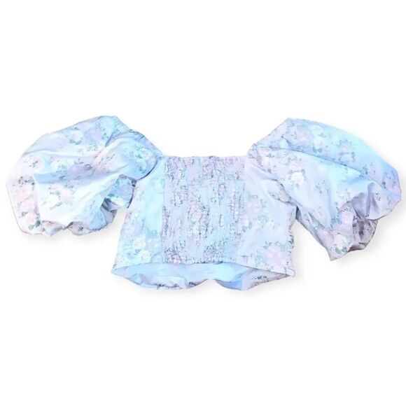 Express Lavender Purple Floral Short Puff Sleeve Ruched Cropped Top - Picture 5 of 5